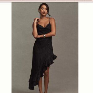 BHLDN Mila Asymmetrical Cheetah Satin Ruffle Jacquard Midi Dress